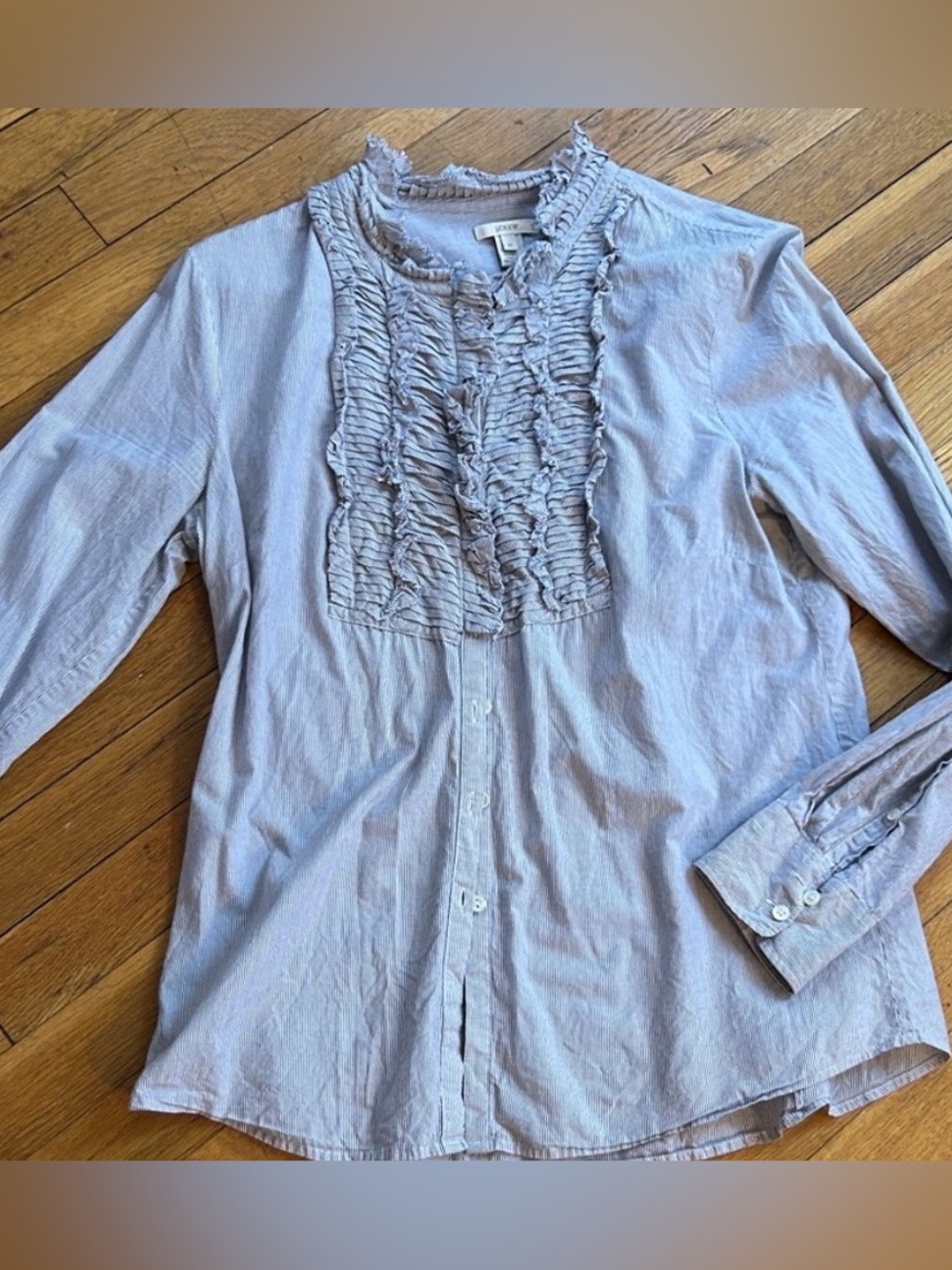 Grey and White J Crew Ruffle Blouse